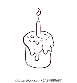 Festive Happy Easter pie with candle in line art style. Sweet pastries with glaze hand drawn. Vector illustration isolated on a white background.
