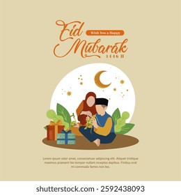 Festive Happy Eid Mubarak 1446 H 2025 Greeting with Mom and Son Making Ketupat Illustration. Eid Mubarak Greeting with Asian Family Culture Story. Vector Illustration