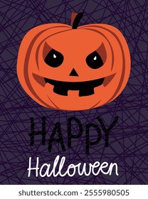 Festive Happy Halloween greeting card with angry pumpkin and handwritten lettering.