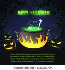 Festive Happy Halloween poster with potion boiling in witch cauldron evil pumpkins and tree branches vector illustration