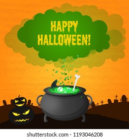 Festive Happy Halloween template with inscription scary pumpkins and magic potion boiling in witch pot vector illustration