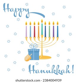 Festive Happy Hannukah greeting card with a traditional Hannukiya, gift box and a dreidel game.