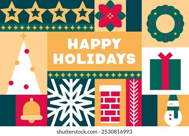 Festive Happy Holidays Greeting Card with Christmas Icons Vector Illustration