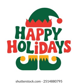 Festive Happy Holidays Text with Elf Hat and Shoes Cartoon Illustration