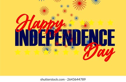 "Festive 'Happy Independence Day usa' text in bold red and blue, surrounded by yellow stars and colorful fireworks on a wavy, abstract flag background."