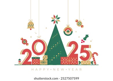 Festive Happy New Year 2025 invitation card with Christmas tree, gifts, ornaments, and holiday decorations in red, green, and gold tones