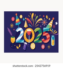 Festive "Happy New Year 2025" typography with celebratory elements like fireworks, confetti, and sparkling accents, capturing the excitement of ringing in the new year. Perfect for holiday cards
