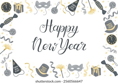 Festive Happy New Year background with party decorations like masks, clocks, gifts, hats, and confetti in gold and gray tones. Vector hand drawn banner with illustration on white background