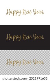 Caligrafía festiva del año nuevo feliz en brillo del oro aislado en fondos negros, blancos y transparentes
