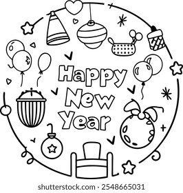 A festive Happy New Year coloring page showcasing a circular pattern, perfect for artistic expression.