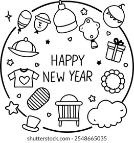 A festive Happy New Year coloring page showcasing a circular pattern, perfect for artistic expression.