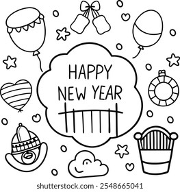A festive Happy New Year coloring page showcasing a circular pattern, perfect for artistic expression.
