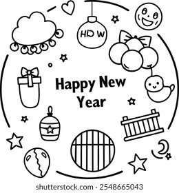 A festive Happy New Year coloring page showcasing a circular pattern, perfect for artistic expression.