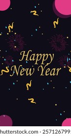 A festive Happy New Year design with colorful confetti, fireworks, and streamers on a dark background, creating a vibrant and celebratory atmosphere