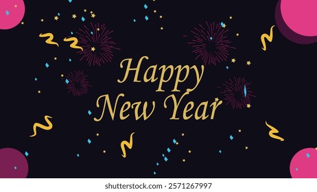 A festive Happy New Year design with colorful confetti, fireworks, and streamers on a dark background, creating a vibrant and celebratory atmosphere