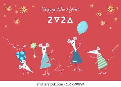 Festive Happy New Year greeting card with various funny simple triangle shaped white mouses. Rat is a symbol of 2020 in Chinese horoscope. red background with yellow abstract fireworks.