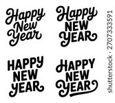 Festive Happy New Year Greetings in Varied Typography Styles Perfect for Holiday Season Wishes and Celebratory Announcements with Artistic Flair