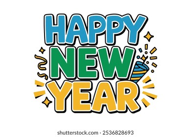 Festive Happy New Year Text Illustration with Confetti and Party Popper