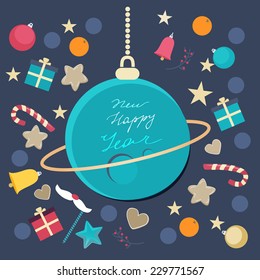 Festive Happy New Year vector card design with a blue planet bauble with the written greeting surrounded by scattered ornaments, candy cane, hearts and gifts in square format