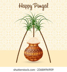 Festive Happy Pongal background with sugar cane and pot of rice. Hindu harvest festival. Illustration, vector	
