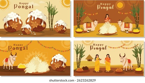  Festive Happy Pongal Illustration with Overflowing Pots and Sugarcane