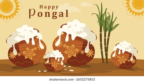  Festive Happy Pongal Illustration with Overflowing Pots and Sugarcane