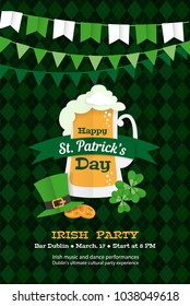 Festive Happy Saint Patrick's Day Greeting card leprechaun hat, mug of beer, tartan background pattern, gold, clover leaves. Paper cut style design vector illustration posters, flyers, invitations