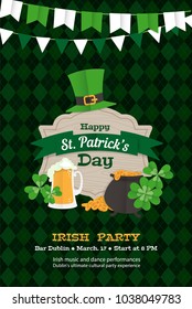 Festive Happy Saint Patrick's Day Greeting card leprechaun hat, mug of beer, tartan background pattern, pot of gold, clover leaves. Paper cut style vector illustration for poster, flyer, invitation