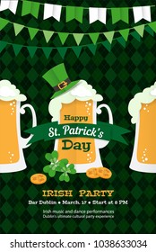 Festive Happy Saint Patrick's Day Greeting card leprechaun hat, mug of beer, tartan background pattern, gold, clover leaves. Paper cut style design vector illustration posters, flyers, invitations