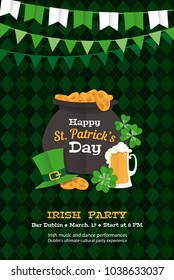 Festive Happy Saint Patrick's Day Greeting card leprechaun hat, mug of beer, tartan background pattern, pot of gold, clover leaves. Paper cut style vector illustration for poster, flyer, invitation