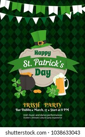 Festive Happy Saint Patrick's Day Greeting card leprechaun hat, mug of beer, tartan background pattern, pot of gold, clover leaves. Paper cut style vector illustration for poster, flyer, invitation