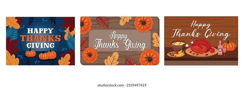 Festive Happy Thanksgiving Greeting. Pumpkins and autumn leaves. Traditional dinner setting meal. Set flat vector modern illustration 