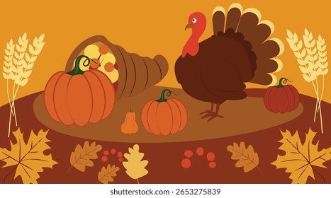 Festive Happy Thanksgiving (USA) Illustration with Autumn Leaves