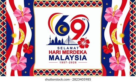 Festive Hari Merdeka 2026 banner vector illustration featuring Bunga Raya, Jalur Gemilang colors, and 69th National Day typography.