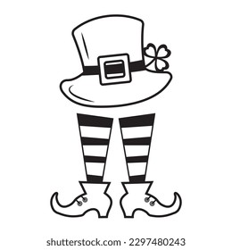 Festive Hat with clover and feet in boots for Patrick's Day, black outline in doodle style