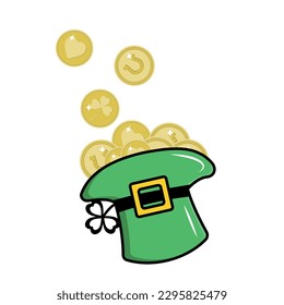 Festive Hat with clover with gold coins for Patrick's Day, black outline in doodle style