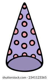 Festive hat with pink polka dots. Color vector illustration. Purple hat in the shape of a cone with a pattern of circles. Cartoon style. Mark an event. Isolated background. Idea for web design.