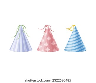Un sombrero festivo. Un conjunto de tres gorras multicolores para fiestas y fiestas. sombrero de colores festivos. Ilustración del vector