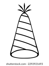 Festive hat. Sketch. Vector illustration. Hat with a spiral pattern and a tassel at the crown. Doodle style. Coloring book for children. To celebrate birthday. Outlines on an isolated background. 