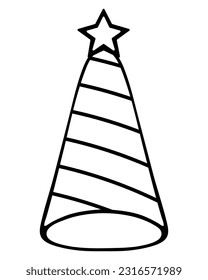 Festive hat. Sketch. Vector illustration. Cap with a spiral pattern and a star on top. Doodle style. Coloring book. To celebrate birthday. Outlines on an isolated background. Idea for web design.