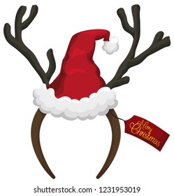 Festive headband decorated with a Santa's hat, reindeer horns and a greeting tag for Christmas celebration.