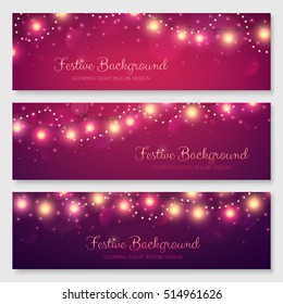 Festive header design for your site. Glowing light bulbs background. Vector illustration. Christmas banners set.