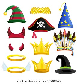 Festive headwear. Party props for festival, carnival or masquerade. Devil horn, angel halo, crown, laurel wreath, pirate cap, magician hat, Indian feathers set. Hholiday headwear vector illustration
