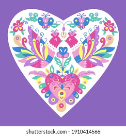 festive heart with birds and ornaments on a purple background. Congratulations to the anniversary, wedding, birthday, mother's day, valentine's day.