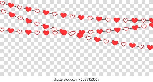 Festive heart garland featuring red paper hearts on a string, combining mixed textures of glitter and plain materials. A perfect Valentine’s Day decoration for romantic events, wedding celebrations