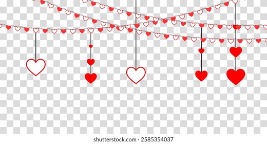 Festive heart garland featuring red paper hearts on a string, combining mixed textures of glitter and plain materials. A perfect Valentine’s Day decoration for romantic events, wedding celebrations