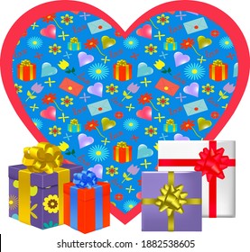 A festive heart painted with Valentines and gift boxes. Valentine's day.