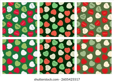 Festive Heart Patterns with Christmas Words in Vibrant Colors. Cheerful holiday decoration design suitable for seasonal projects or backgrounds