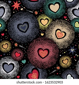 Festive hearts firework background seamless of various colors. Pattern for holiday design.