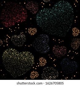 Festive hearts firework background seamless of various colors. Pattern for holiday design.
